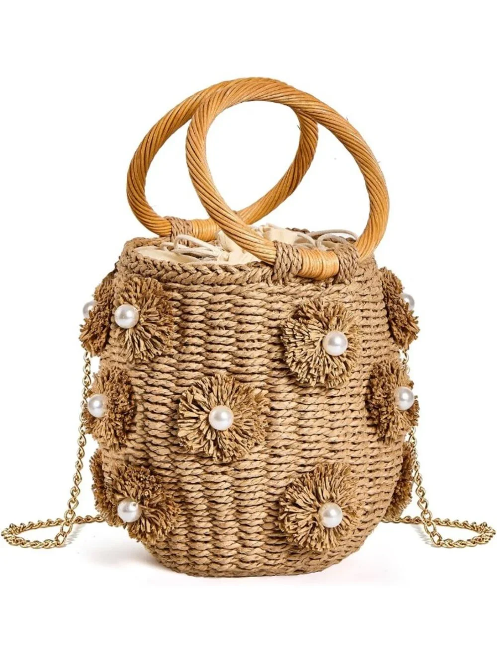 Chic Flower Pearls Rattan Tote Bag | Summer Beach Drawstring Straw Bucket Bag